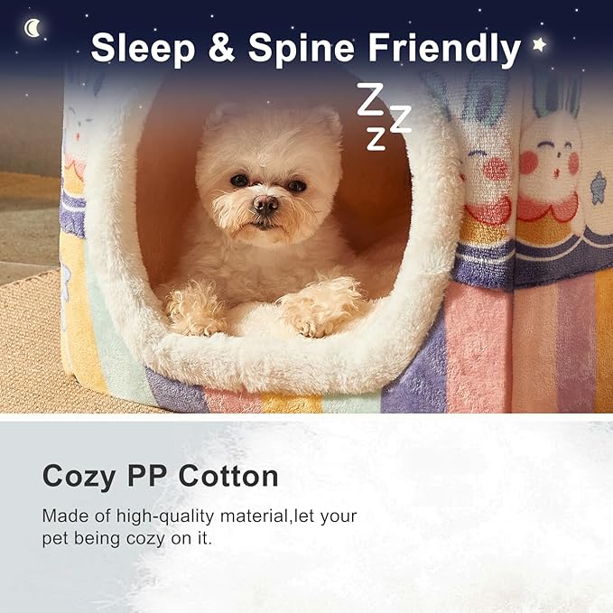 JIUPETY Cute Small Dog House Indoor, Foldable House Kennel Bed Mat with Cushion, L Size Tent for 11-16 lb Dogs and 18-22 lb Cats, Dog Cave Bed with Non-Slip Bottom, Rainbow
