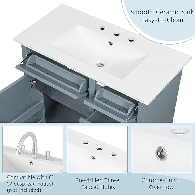 Christopher Knight Home Meril Bathroom Vanity with Ceramic Sink, Wooden Bathroom Storage Cabinet, Pedestal Sink Storage Cabinet, Bathoom Vanity Organizer, Adjustable Door Shelves+Drawer, Blue Gray