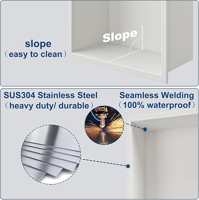 Neodrain White Recessed Shower Niche Shelf Bathroom Cabinet in Wall (Inner Size 24" X 12"x4") Stainless Steel No Tile Needed Wall Niche for Bathroom Storage