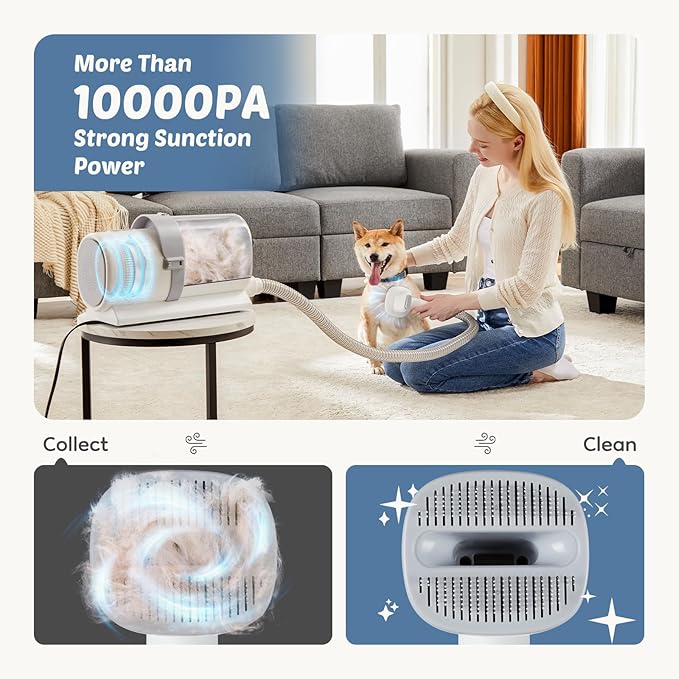 DUMOS 2.5L Pet Grooming Vacuum Kit, 3 Adjustable Suction Modes, 5 Professional Grooming Tools with Cordless Low Noise Dog & Cat Hair Clippers, Ivory