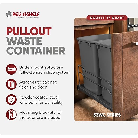 Rev-A-Shelf Double Pullout Trash Can for Base Kitchen Cabinets 27 qt. 12.5 Gallon with Soft-Close Slides, Orion Gray, 53WC-1527SCDM-213