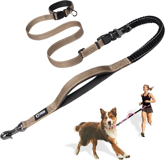 TSPRO Hands Free Dog Leash for Walking Running with Safety Car Seat Belt Shock Absorbing Bungee Leash with Padded Handle(Brown)