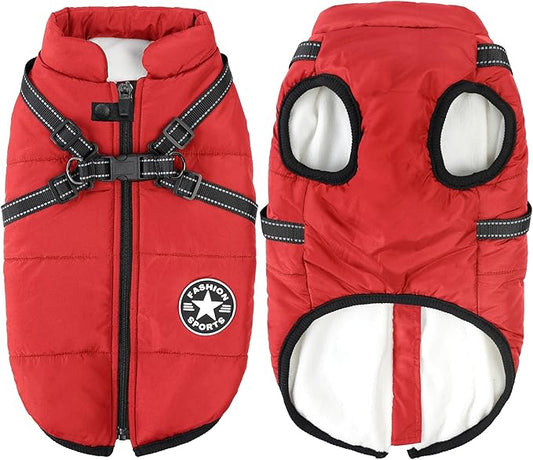 Aiboria Dog Jacket Coat Windproof Jackets Warm Pet Vest Fleece Dog Sweater Padded Vest with Chest Strap Harness Red 3XL