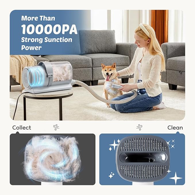 DUMOS 2.5L Pet Grooming Vacuum Kit, 3 Adjustable Suction Modes, 5 Professional Grooming Tools with Cordless Low Noise Dog & Cat Hair Clippers, Classic Gray