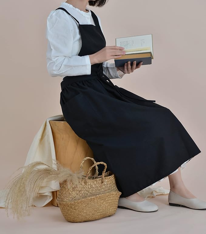 VLZUFE Women Cotton Linen Cross Back Apron with Pockets for Gardening Works Pinafore Dress Black