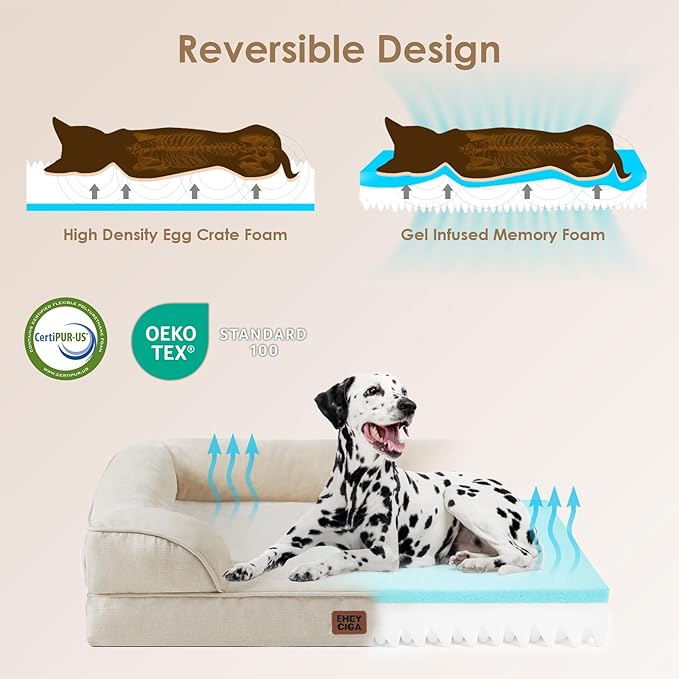 EHEYCIGA Orthopedic Dog Bed for Large Dogs, Waterproof Memory Foam, Non-Slip Bottom, Beige, 35"L x 22"W x 6.5"Th