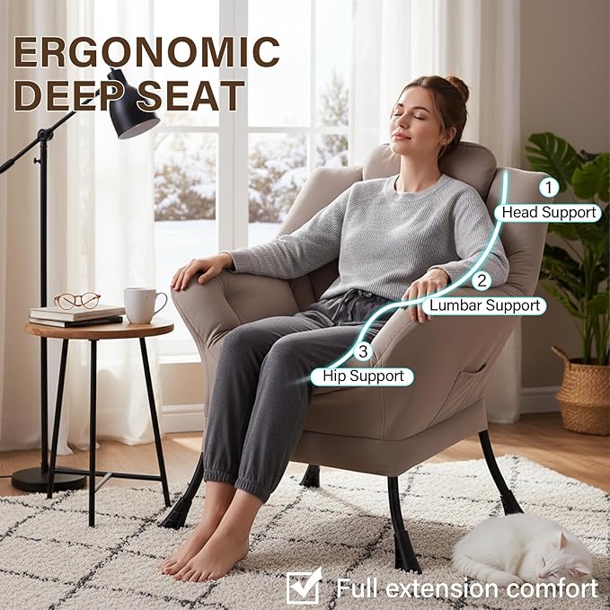 Welnow Lazy Chair for Living Room, Modern Reading Lounge Accent Chair with Armrests and a Side Pocket, Leisure Upholstered Lazy Sofa for Small Space, Bedroom, Dorm, Khaki