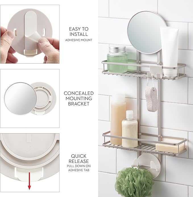 iDesign Self-Adhesive Shower Caddy with Mirror and Accessory Hooks - Satin
