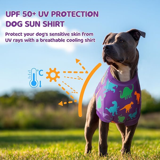 UPF 50+ Sun Protection Dog Shirt - Sleeveless Cooling Vest for Medium Dogs Boy, Quick-Dry Pet T-Shirt with Funny Dinosaur Horns, UV Protective Breathable Dog Clothes U-COSBX01M