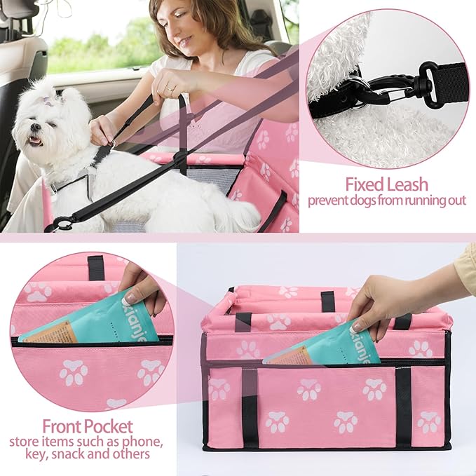 PetsHome Dog Car Seat Foldable Dog Car Booster Seat Waterproof Breathable Oxford Travel Bag for Small to Medium Dogs, Puppies, and Pets-Footprint Pink+Mat