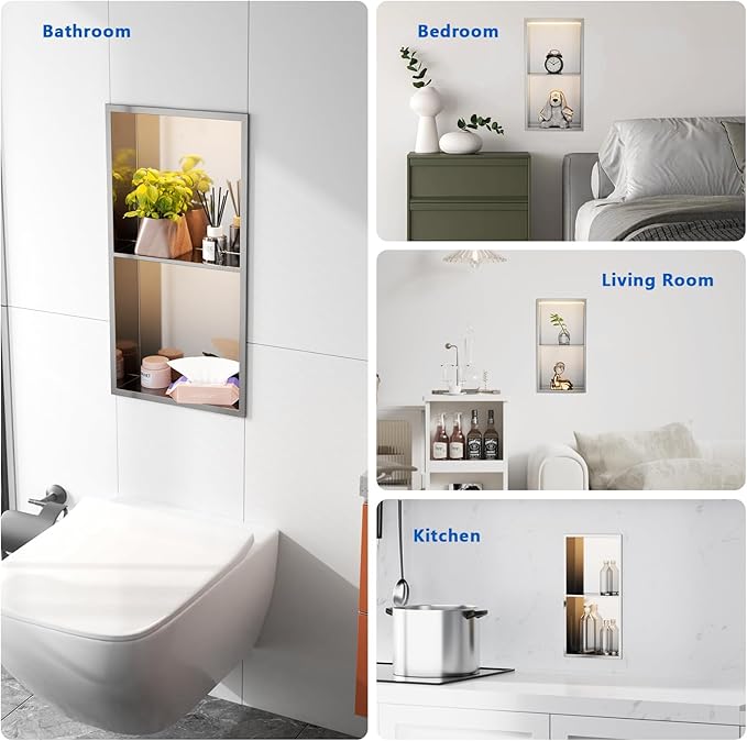 QAOYEDE 24"x12" Stainless Steel Shower Niche with LED Light, No Tile Needed Recessed Shelf, Wall Mount Bathroom Storage Organizer, Brushed Nickel