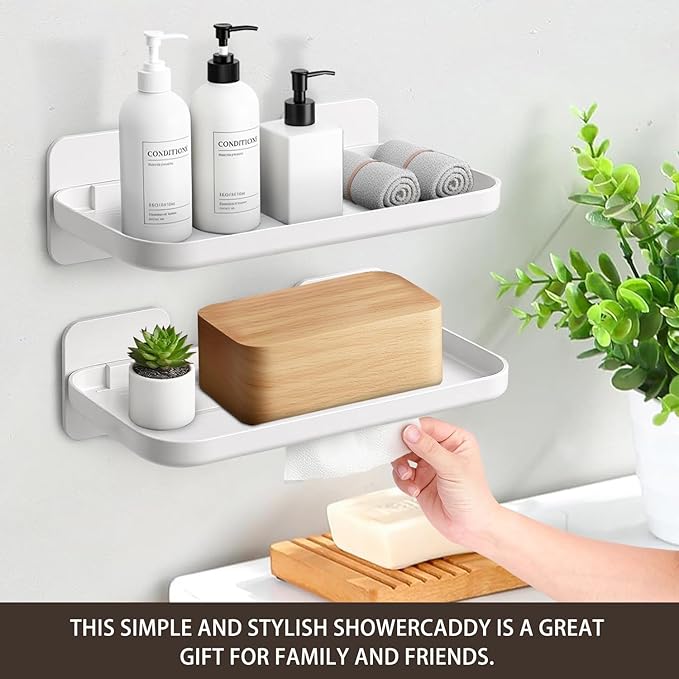 2 Pack Adhesive Floating Shelves No Drill Small Floating Shelf for Wall Storage Damage-Free Wall Mounted Organizer for Bathroom, Kitchen, Bedroom & Office (White-4pcs)