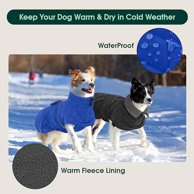 Kuoser Dog Coat Thermal Fleece Lined Dog Jacket, Adjustable Hook & Loop Dogs Coats for Medium Dogs Windproof Reflective Puppy Snow Jackets Pet Cold Weather Clothes with Harness Hole, Blue, M