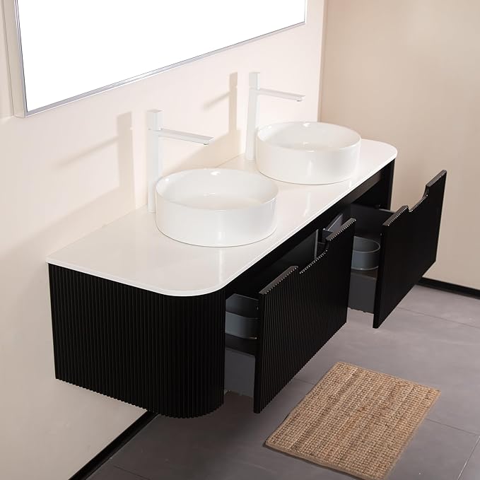 KEIKI 60" Bathroom Vanity with Sink, Wall-Mounted Floating Bathroom Vanity with Curved Edge Striped Front, 2 Drawers & 2 Round Ceramic Basins, Pre-Assembled Storage Cabinet, Black