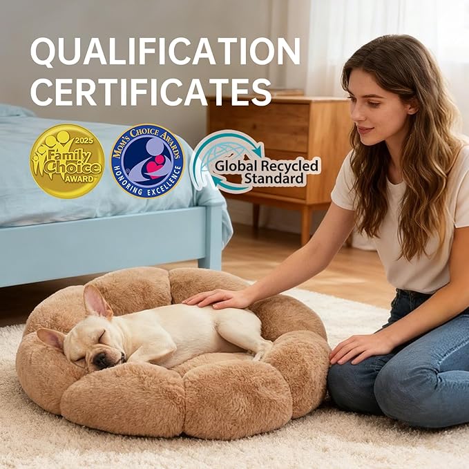 OhGeni 27 inches Calming Donut Dog & Cat Bed for Medium Pets, Warming Comfort Fluffy Short Pile Fur, Durable Machine Washable Round Bed, Cute Round Bed for Puppy and Kitten, Camel