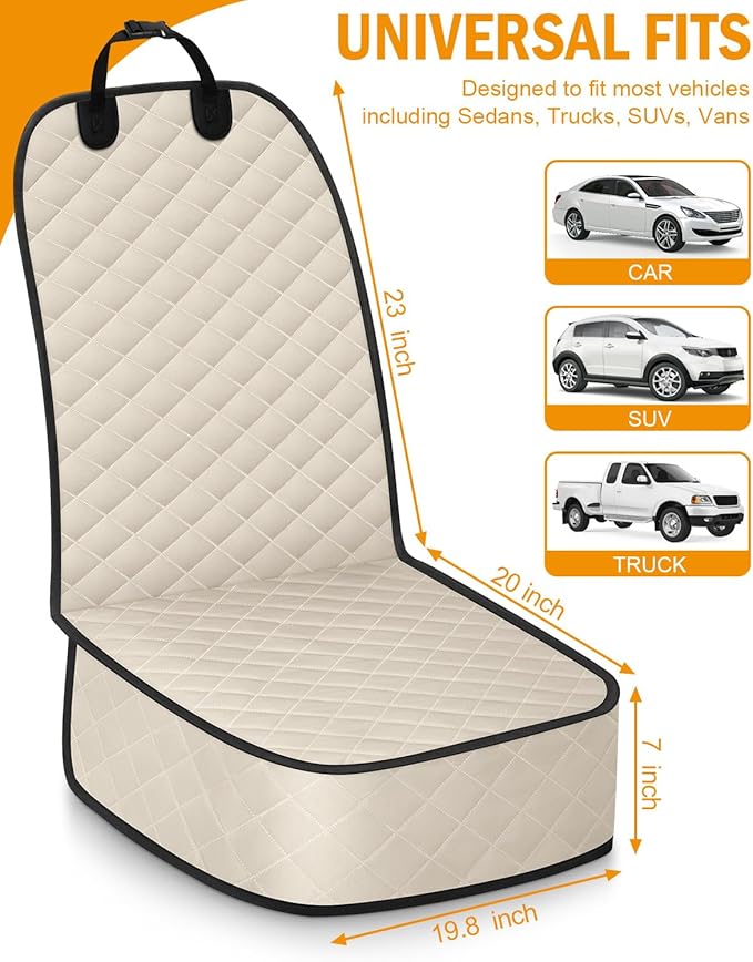 Dog Car Seat Covers Waterproof, Scratch-Proof Pet Front Cover for Cars, Nonslip Pet Passenger Seat Cover Protector, Universal Fit for Cars Trucks SUVs, Medium, Beige