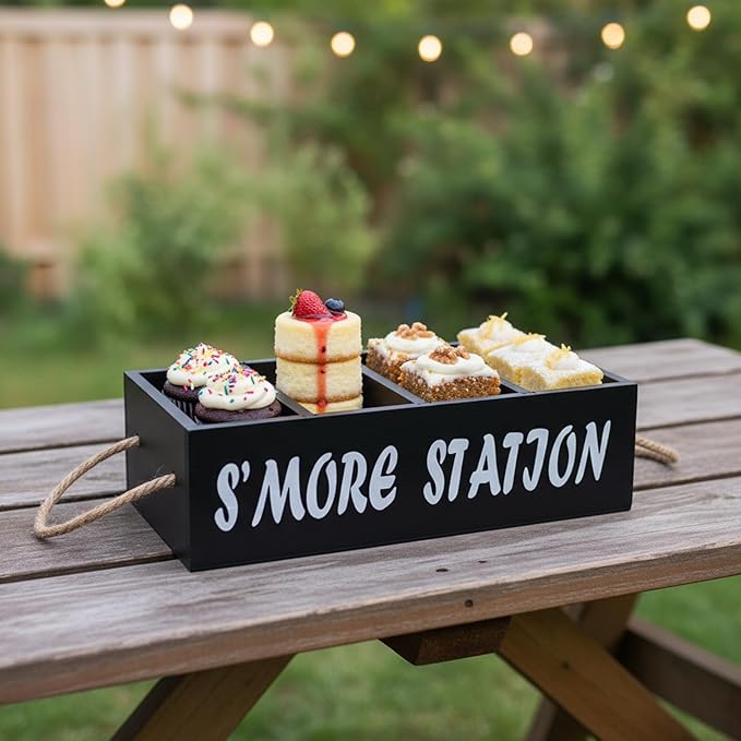 Smores Station S'mores Bar Holder,Smores Caddy, Smore Accessories Organizer, Perfect for Marshmallow Roasting Sticks, Chocolate, S'mores s Sticks, Kit Maker-Wooden