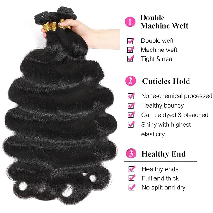 12A Human Hair Bundles Body Wave Bundles Human Hair 3 Bundles 26 26 26 Inch 100% Unprocessed Brazilian Virgin Hair 300g/Pack Real Human Hair Extensions Natural Black