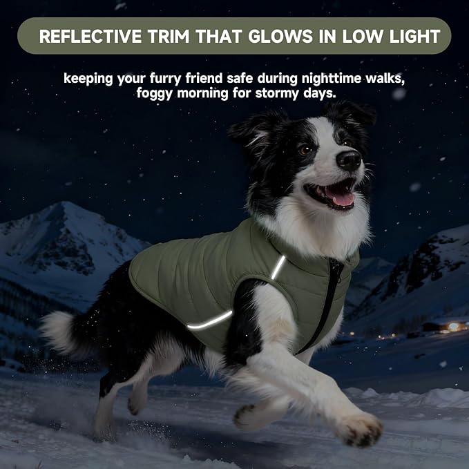 Dog Winter Coat - Waterproof Cold Weather Coat with Thick Padding, Windproof Dog's Snow Jacket with Neck & Tail Drawstrings, Reflective Puppy Jacket - Small Dog Coats, Olive Green S
