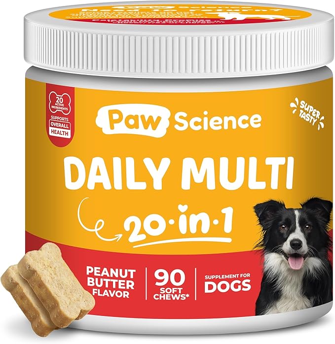 Dog Vitamins and Supplements - 20-in-1 Multivitamin Treats for Dogs - Glucosamine, Probiotics, Wild Alaskan Salmon Oil, Chondroitin, MSM & More - Peanut Butter Flavor - 90 Count