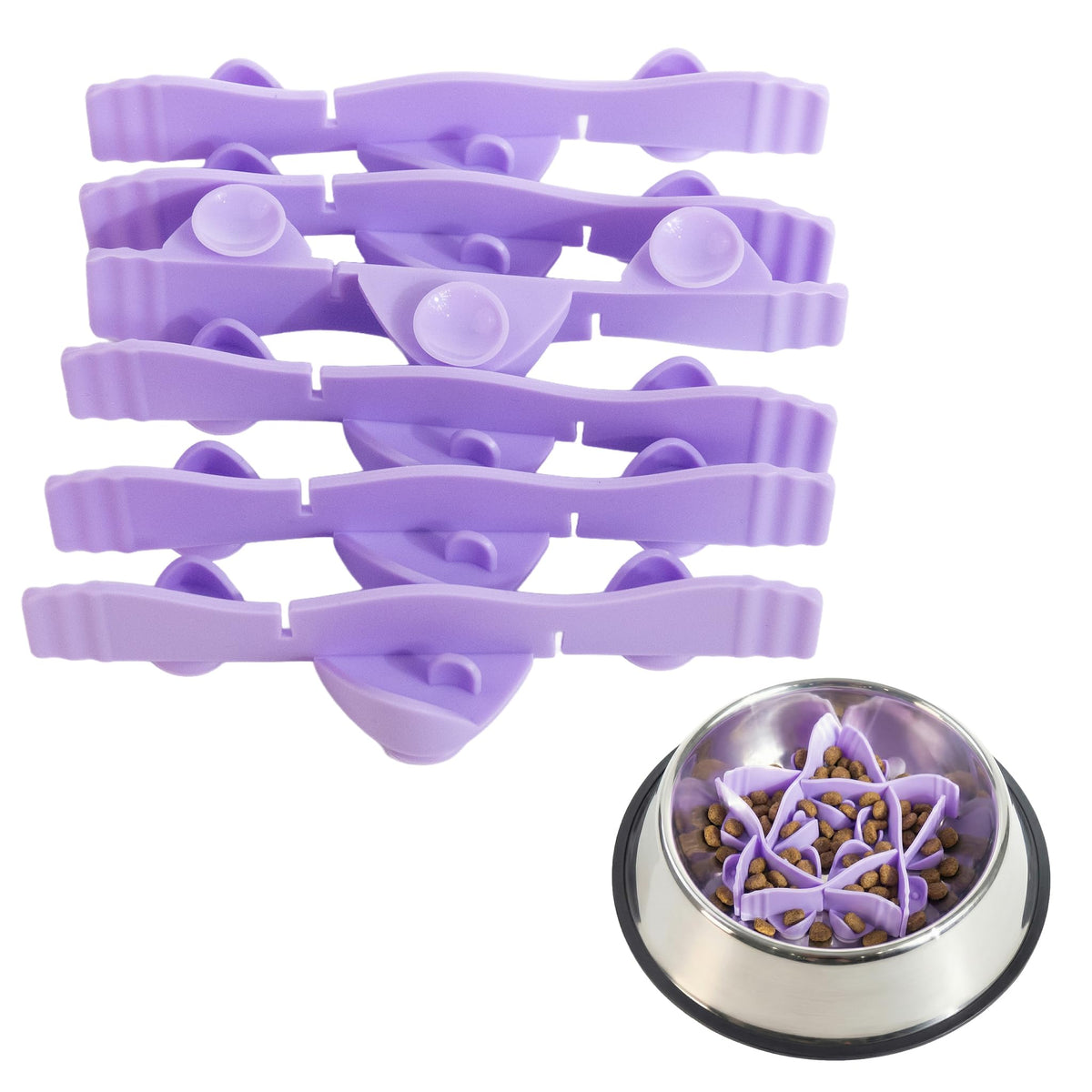 Silicone Dog Slow Feeder Bowl Insert with Suction Cups, Cuttable Food-Grade Lick Mat Divider Fits Stainless Steel Ceramic Glass Dog Bowls, Helps Slow Down Eating, Purple