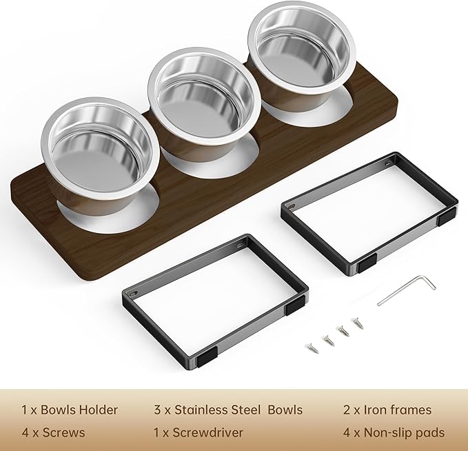 Elevated Cat Bowls with 3 Stainless Steel Bowls | 10° Tilted Anti-Vomiting Raised Cat Food Bowl for Small Cats and Puppies Pet Bowl with Stand（Walnut Color）