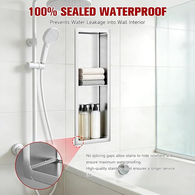 No Tile Needed Shower Niche 9"X 25", Bathroom Wall Niche Double Shelves, Stainless Steel Shower Niche for Bathroom, Kitchens, Balconies