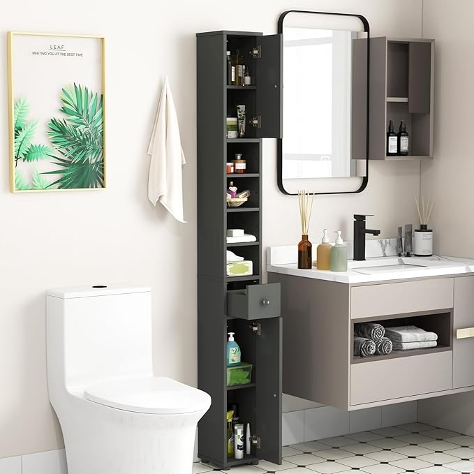 HOMGX 71” Tall Bathroom Storage Cabinet, Freestanding Linen Floor Cabinet with Drawer, Doors & Adjustable Shelves, Narrow Slim Cabinet for Living Room, Entryway, Small Spaces (Grey)