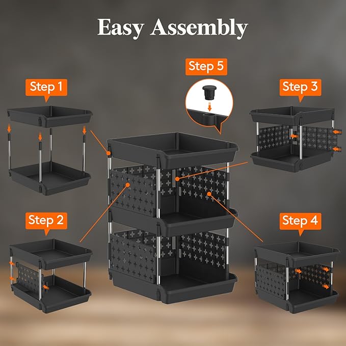 Lifewit Plastic Stackable Storage Baskets, 3 Tier Stacking Bins for Food and Clothes, Multifunctional Organizer for RV, Kitchen, Playroom, Pantry, Black, 35 x 30 x 50 cm/14 x 12 x 20 inch, 1 Pack