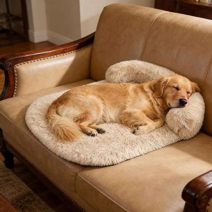 Calming Dog Beds for Medium Large Dogs, Orthopedic Cushion Plush Large Pet Bed Lounge with Washable Cover, Anti-Anxiety Soft Fluffy Faux Fur Fits up to 60 lbs Pets (Oval, Beige 40"x30")