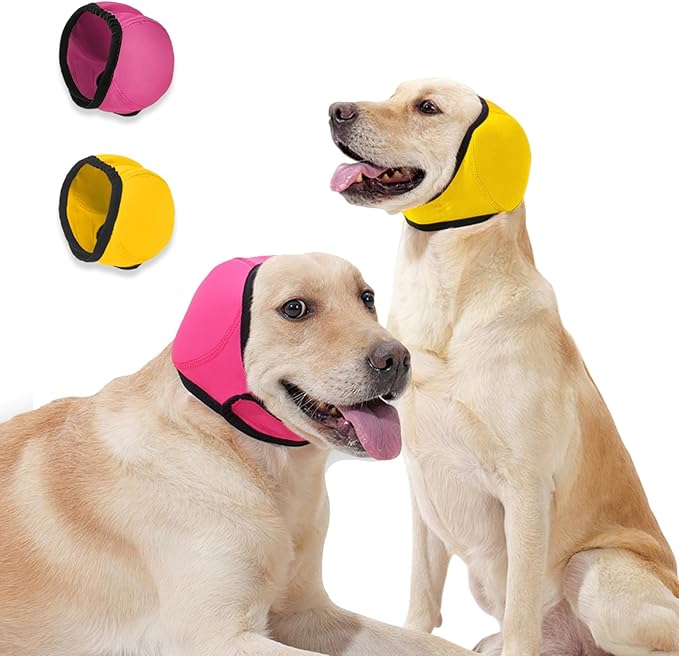2Pcs Dog Ear Covers for Bath & Noise Protection,Adjustable Dog Ear Muffs Anxiety Relief Calming Hoodie Design,No Shake Ear Protection for Grooming,Swimming,Drying,Hematoma(Fuchsia&Yellow,M)