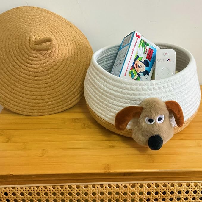 Bellar Small Rope Basket With Lid Woven Storage Box Cute Animal Dog Toy Box Organizers Cotton Rope Basket for Kids Small Snack Storage Area Decorative Boxes Aesthetic-8.6''*8.6''-Brown*White