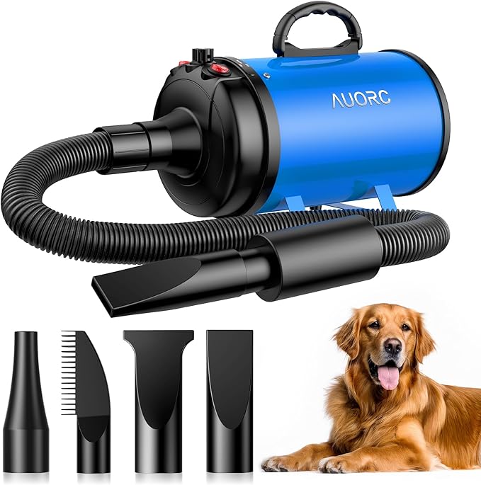 Dog Dryer, 5.2HP/3800W High Velocity Dog Hair Dryer with 4 Nozzles, Stepless Adjustable Speed & Temperature Control, Low Noise Professional Grooming Dryer (Blue)