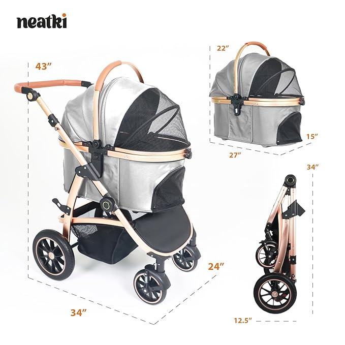 3 in 1 Pet Stroller for Small to Medium Dogs and Cats up to 55 lbs with Detachable Carrier/Car Seat, 34.44x24.21x 42.91, Foldable and Lightweight, Detachable Cushion + Cup Holder (Gray)