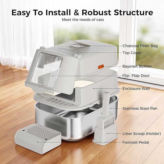 GTPLAYER XL Enclosed Stainless Steel Cat Litter Box with Lid, High-Sided 304 Metal Covered Litter Pan for Large Cats, Leak-Proof Non-Stick Design with Scoop, Step & Mat, Classic Gray