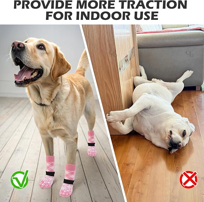 EXPAWLORER Dog Socks for Cold Winter Snow to Prevent Licking Paws, Anti Slip Doggie Booties Grippy Shoes for Hardwood Floors, Boots & Paw Protectors for Small Medium Large Senior Dogs Pink XL