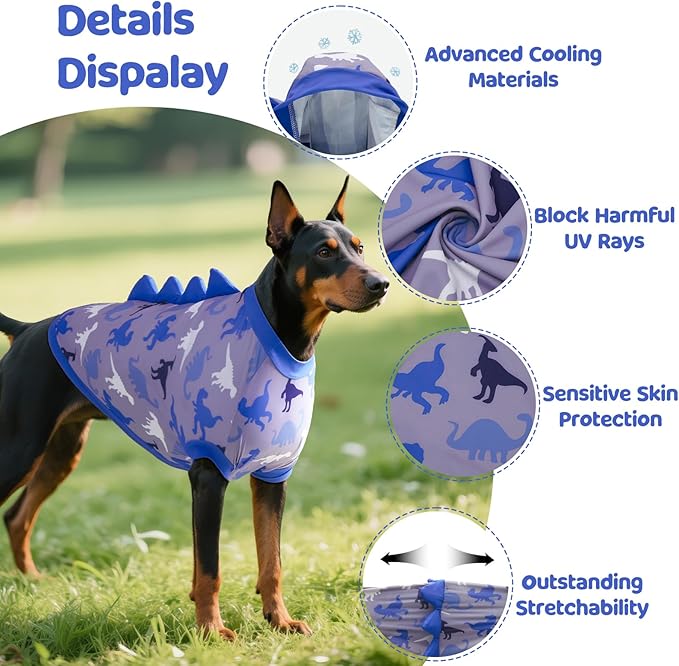 UPF 50+ Sun Protection Dog Shirt - Sleeveless Cooling Vest for Large Dogs Boy, Quick-Dry Pet T-Shirt with Funny Dinosaur Horns, UV Protective Breathable Dog Clothes U-COSBX03XL