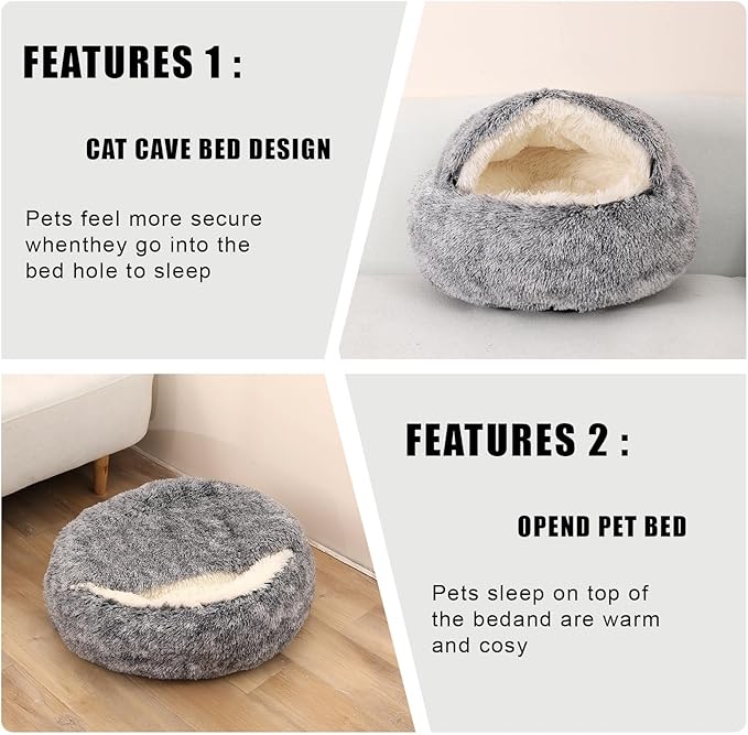 Cat Beds for Indoor Cats,Cat Cave for Puppy and Kitty,Calming Small Dog Bed for Small Dogs with Cover Cave,Cozy Warming Fluffy Washable Anti-Slip Pet Sleeping Bag (Grey, 22 * 22inch)