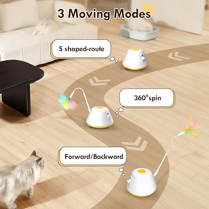 3 in 1 Interactive Cat Toys for Indoor Automatic Cat Laser Toy with Removable Feather Toy,3 Self Moving Modes, Smart Standby, USB Powered,Rubber Wheels Automatic Kitten