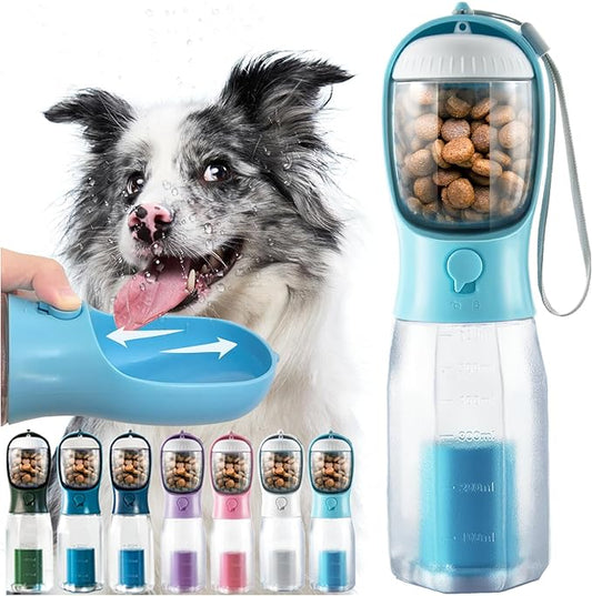 Portable Water Bottle for Dogs, 3 in 1 Pet Travel Bowl Dispenser with Food Treat Container & Poop Bag Holder, Summer Outdoor Walking Hiking Accessories for Large Dog On The Go - Blue, 20oz