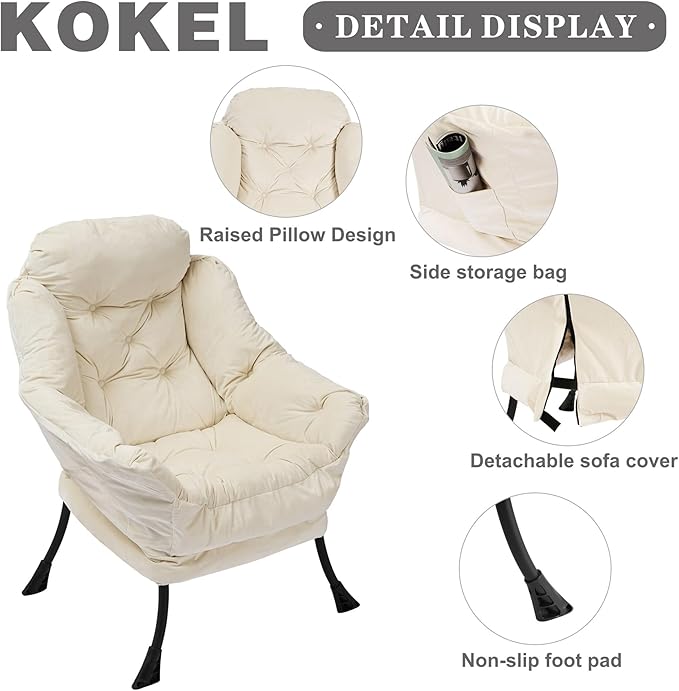 Kokel Lazy Chair with Folding Ottoman,Living Room Chairs, Accent Contemporary Lounge Chair, Single Steel Frame Leisure Sofa Chair with Armrests and A Side Pocket (White)
