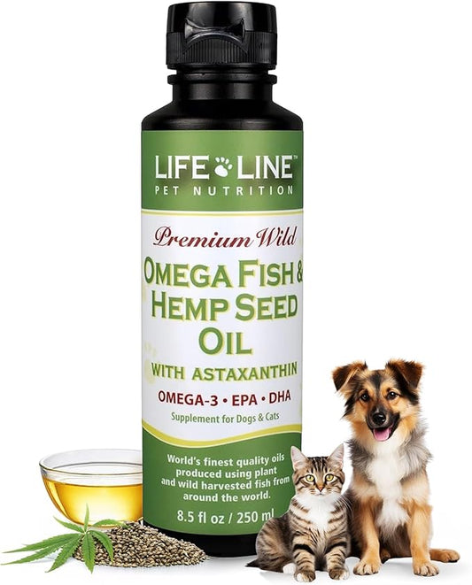 Lifeline Premium Omega 3 Fish & Hemp Oil for Dogs & Cats | Wild Caught | Skin, Coat & Joint Support | Pet Calming Supplement with Astaxanthin | Supports Pain Relief – 8.5 oz