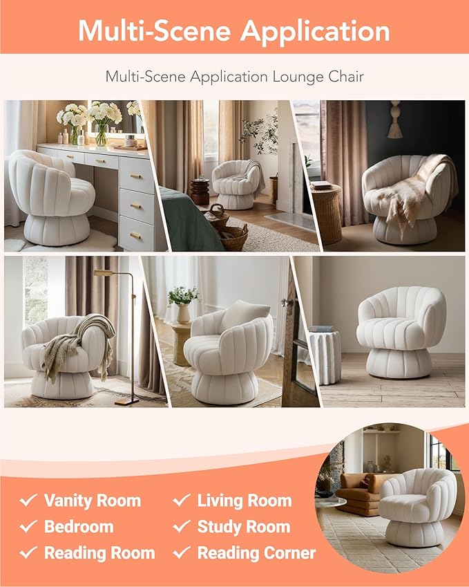 Vanity 360-Degree Swivel Accent Chair - Mid Century Modern Plush Round Makeup Chair, Relaxing Comfy Lounge Sofa Arm Chairs, Idear for Living Room, Bedroom (Beige, Velvet Fabric)