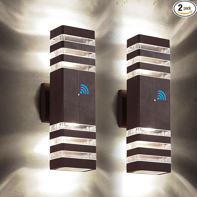 tewei Outdoor Wall Lights, Dusk to Dawn Brown Outdoor Lights for House 3-Layer Modern Exterior Light Fixture Wall Mount Waterproof Up and Down Porch Lights for Garage Entryway, 2 Pack
