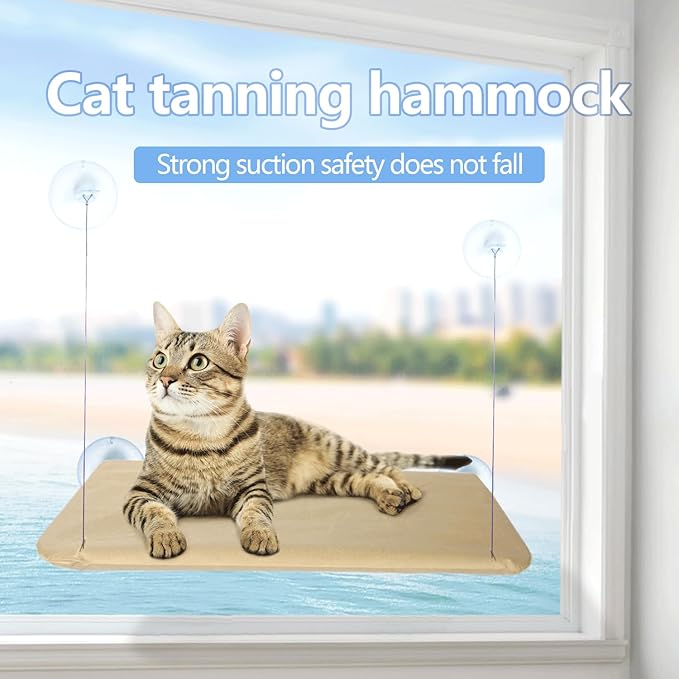 Cat Window Perch with Strong Suction Cups, Cat Window Hammock, Durable Steel Frame, Bite-Resistant Oxford Cloth, Easy Assembly for Smooth Surfaces (Khaki, one Size)
