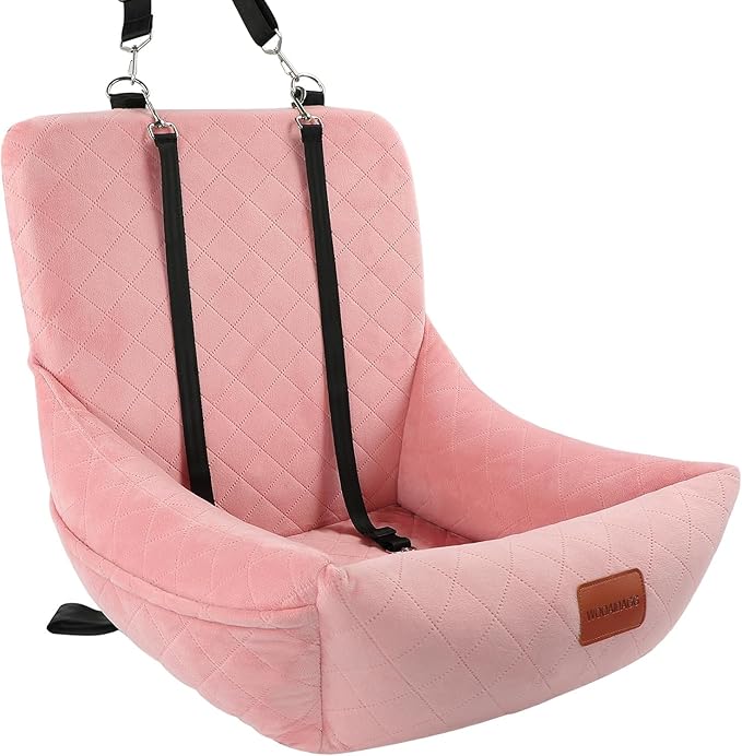 Dog Car Seat,Pet Booste Bed with Seatbelt,Washable Dog Car Travel Bed Easy to Assemble, Clip-On Safety Leash and Storage Pocket (Pink)