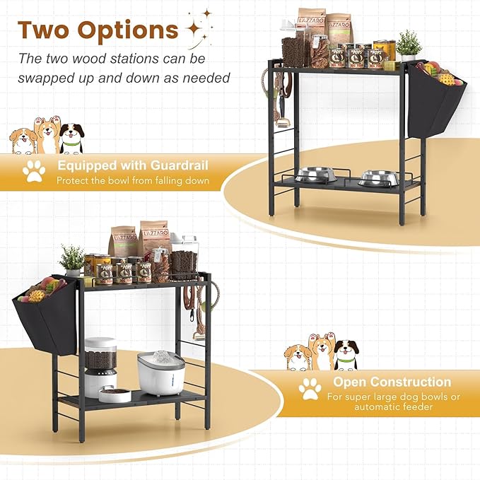 Elevated Dog Feeding Station, 23"D x11"W Large Raised Bowl Stand with Toy Basket Bin, 4 Height Adjustable Food Bowl Holder Cabinet Pet Storage Organizer for Medium Small Dogs Cats