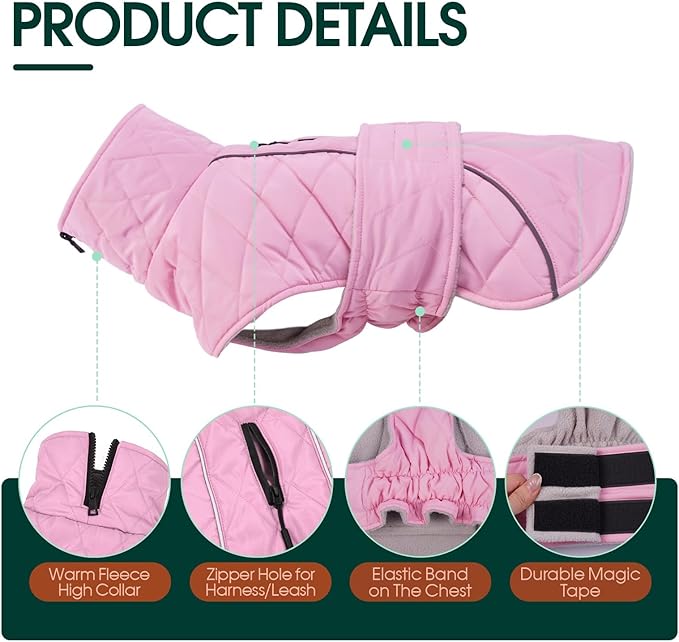 Kuoser Dog Coat Thermal Fleece Lined Dog Jacket, Adjustable Hook & Loop Dogs Coats for Medium Dogs Windproof Reflective Puppy Snow Jackets Pet Cold Weather Clothes with Harness Hole, Pink, M