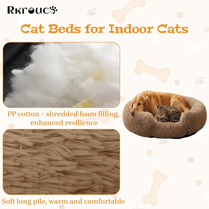 Fluffy Dog Bed Calming Donut Beds for Large Dogs Warming Round Small Medium Pet Nest Cozy Cat Mattress Indoor Washable Puppy Kennel Kittens Sleep Mat (XL, 43.3×43.3 inch, Light Brown)