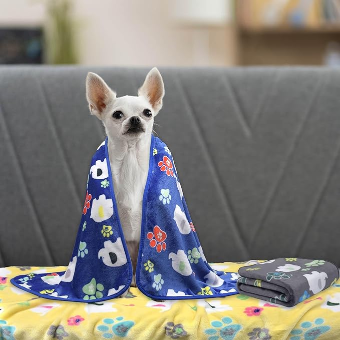 Rezutan Dog Blanket for Medium Dogs 1 Pack 3 Premium Soft Cat Puppy Blankets, 31x24 inch,Flannel Cute Elephant & Paw Print for Small Kitten,Grey/Blue/Yellow.
